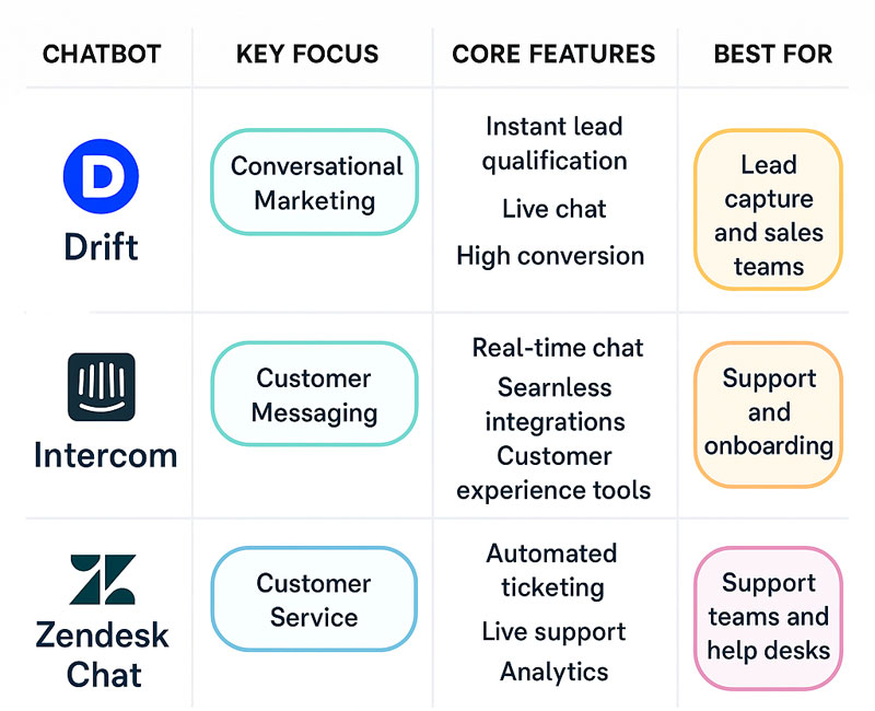 A comparison chart showcasing different AI chatbots and their key features